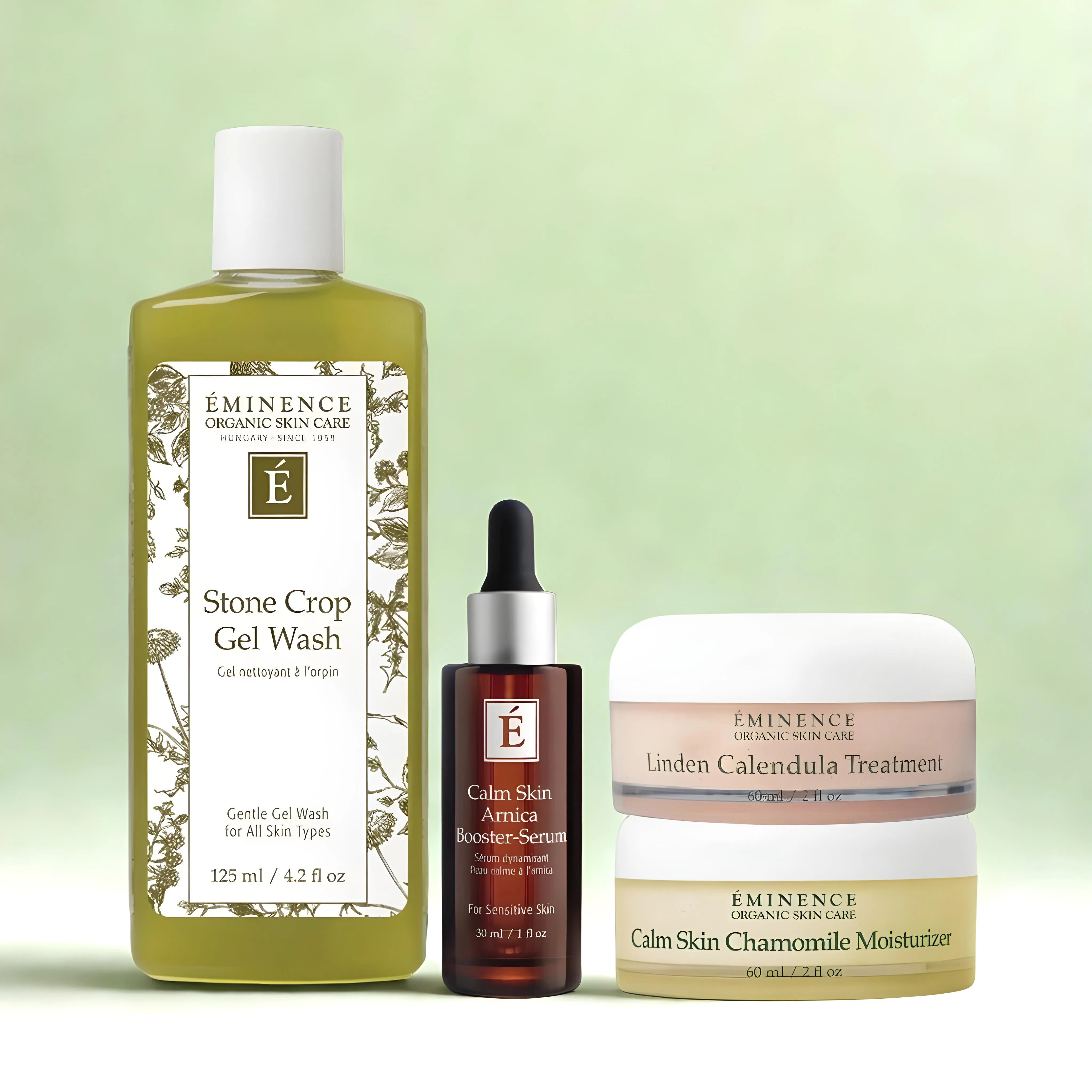Eminence Organics Sensitive Relief Bundle (Stone Crop Gel Wash   Calm Skin Arnica Booster-Serum   Calm Skin Chamomile Moisturizer   Linden Calendula Treatment)