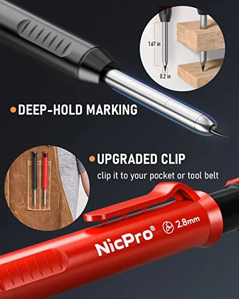 Nicpro 5PCS Mechanical Carpenter Pencils with Sharpener, 36 Pcs 2.8mm Refills Replacement, Deep Hole Woodworking Marker Construction Pencils Heavy Duty Woodworking Pencils for Architect