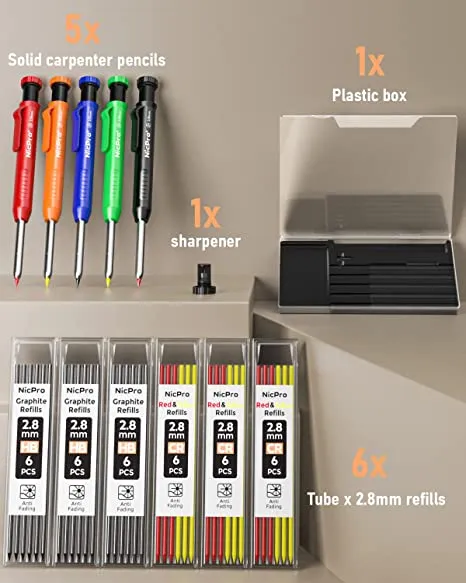 Nicpro 5PCS Mechanical Carpenter Pencils with Sharpener, 36 Pcs 2.8mm Refills Replacement, Deep Hole Woodworking Marker Construction Pencils Heavy Duty Woodworking Pencils for Architect