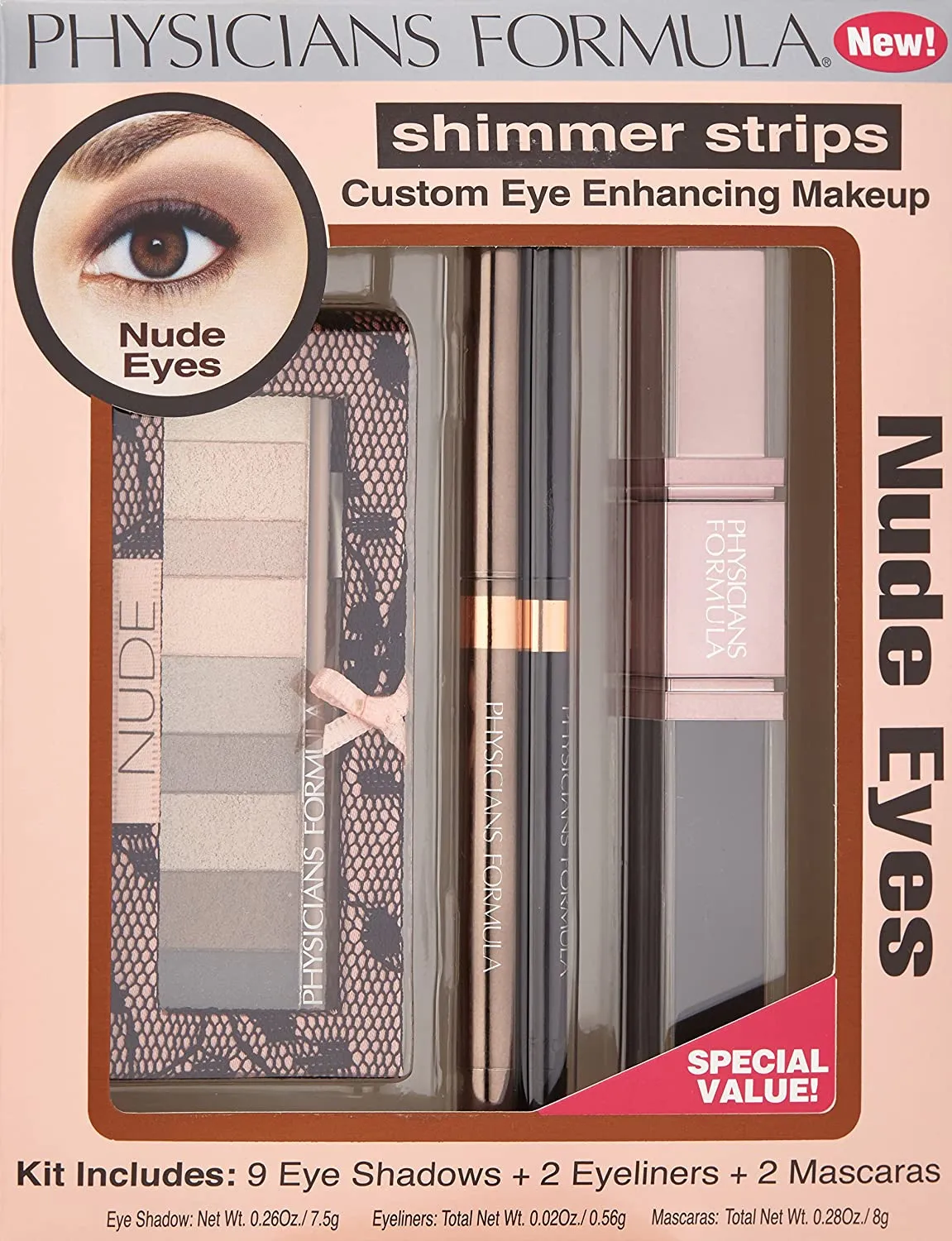 Physicians Formula Shimmer Strips Custom Eye Enhancing Kit with Eyeshadow, Eyeliner & Mascara, Nude